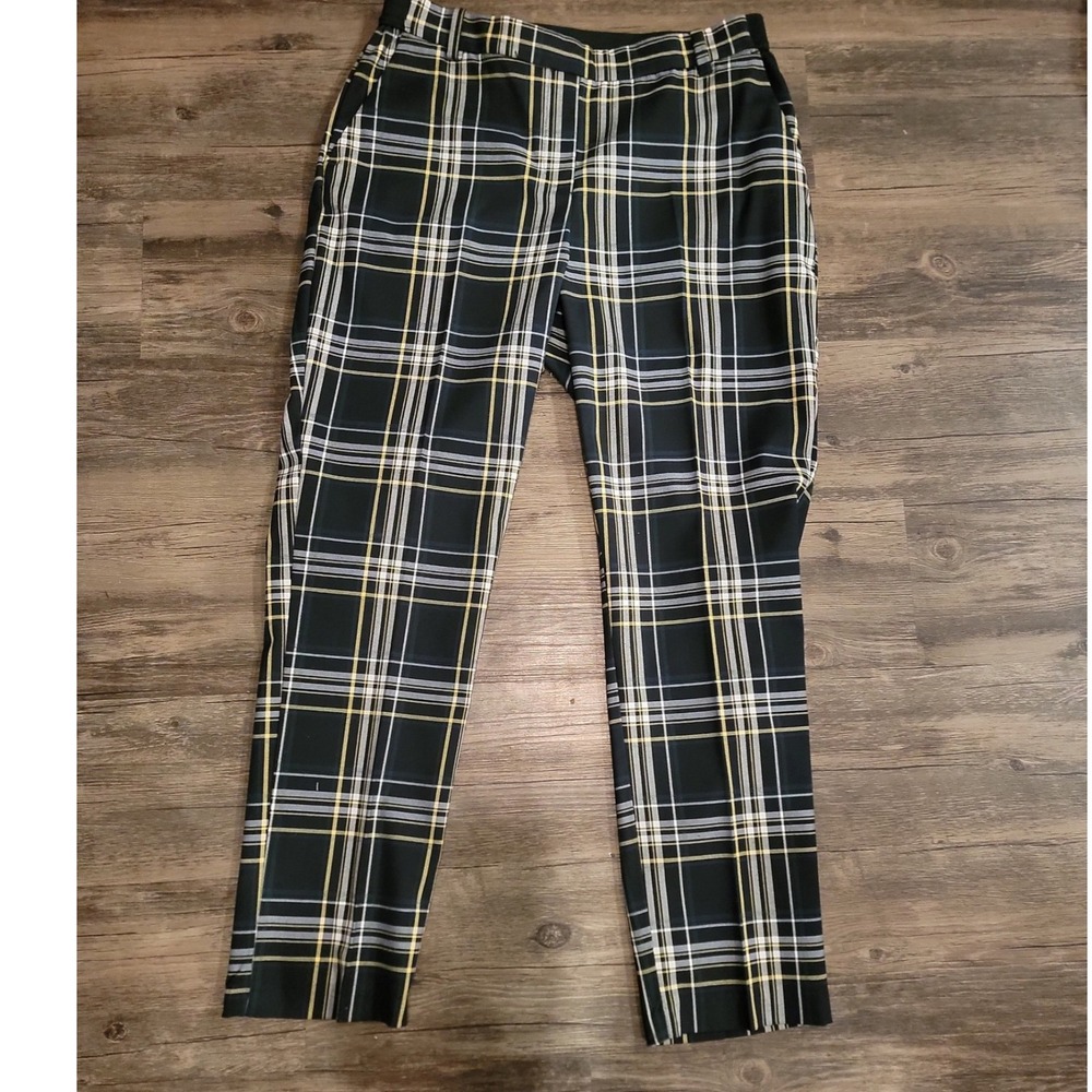 H&M Womens Plaid Tapered Ankle Pants Black Yellow Check Elastic Waist Size 8